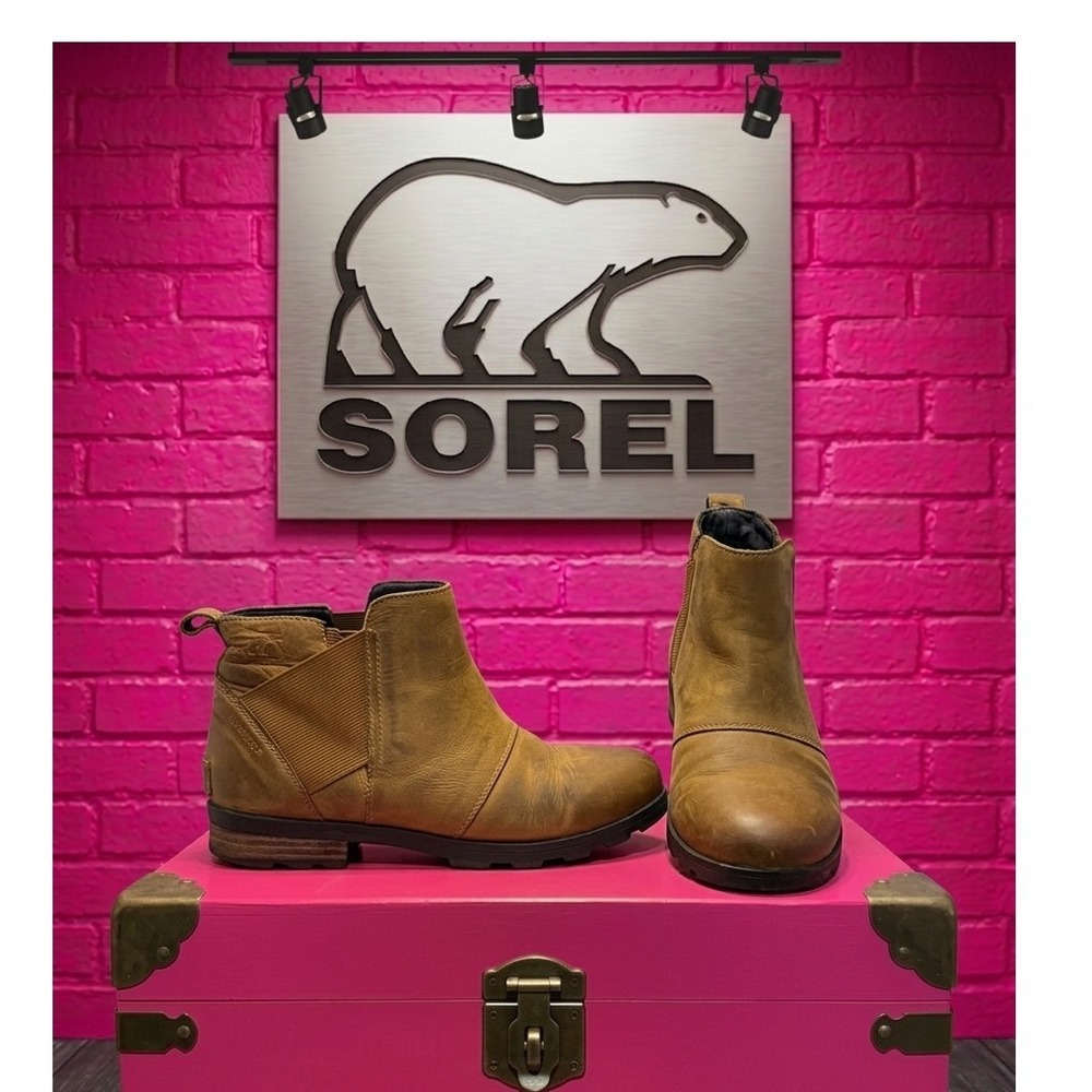 🔥Sorel Emelie 🤑🩷🤎Chelsea Waterproof‎ Leather Boots Brown  Womens 9
